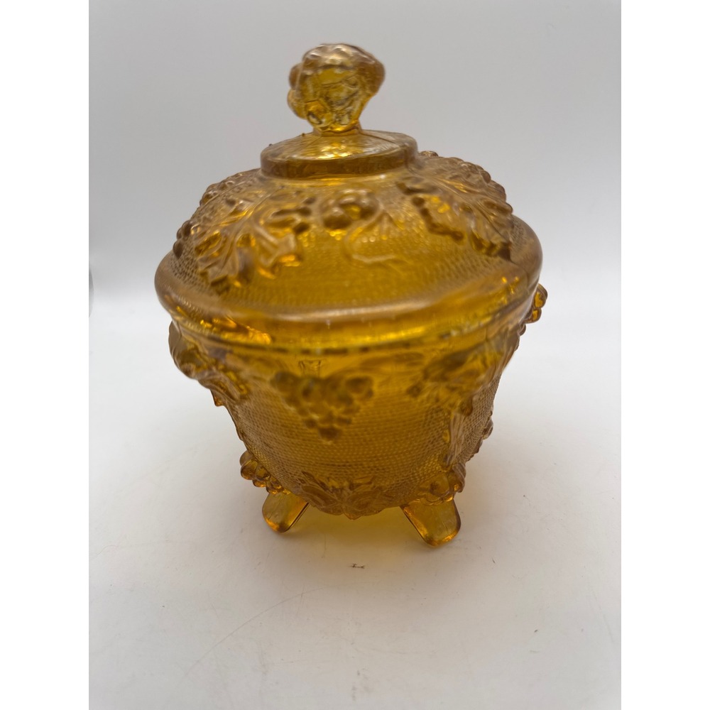 Vintage Amber Glass Candy Dish Trinket‎ Box with Lid Embossed Grapes Feet